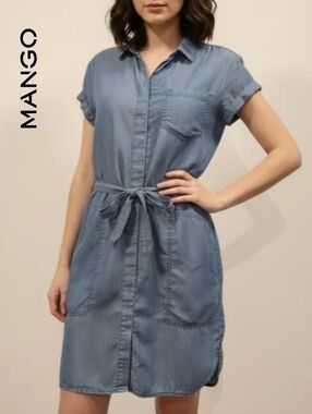 XS Mango Soft Denim-Style Lyocell Blue Shirt Dress